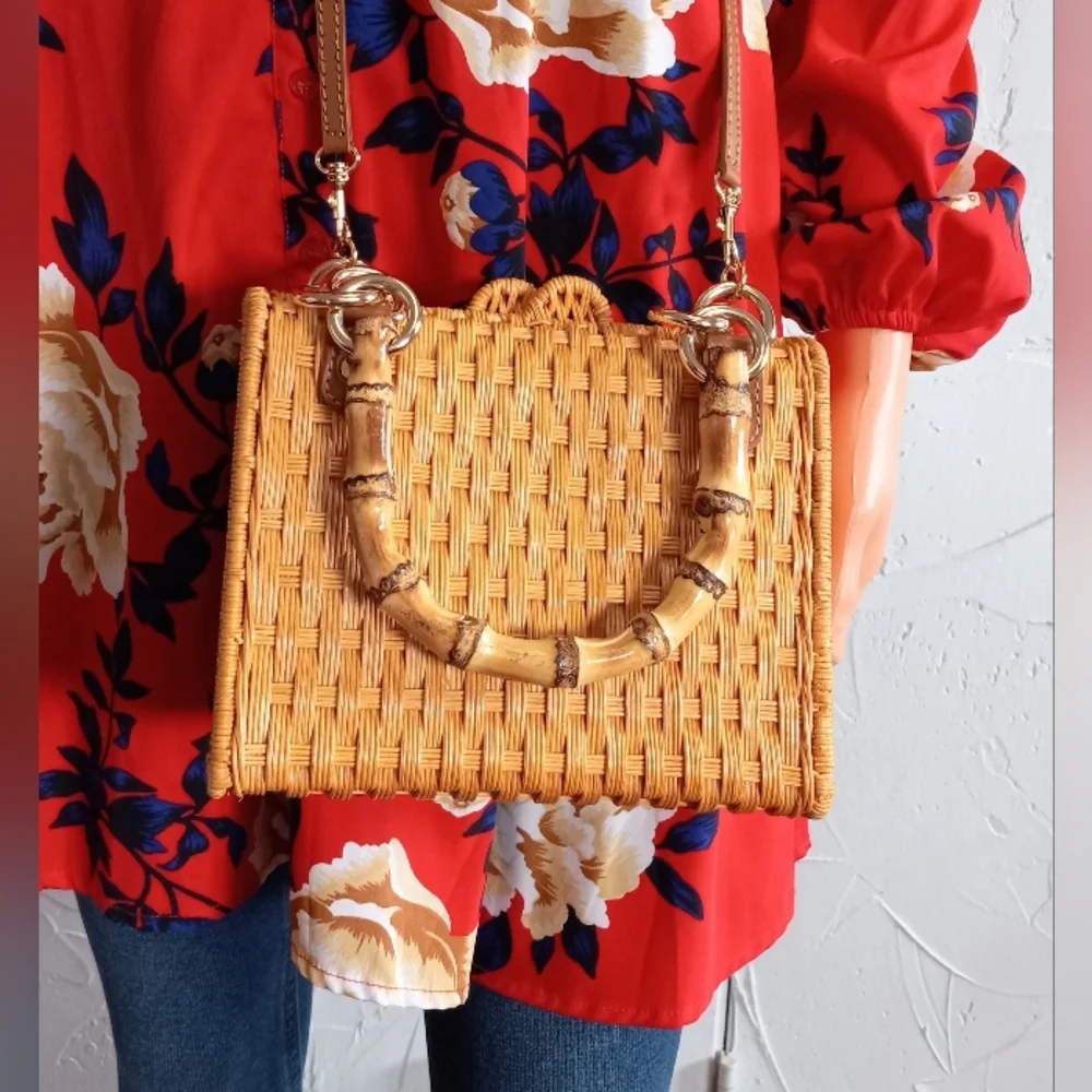 Serpui Paola Wicker Bag with Bamboo handles & strap. MSRP $398